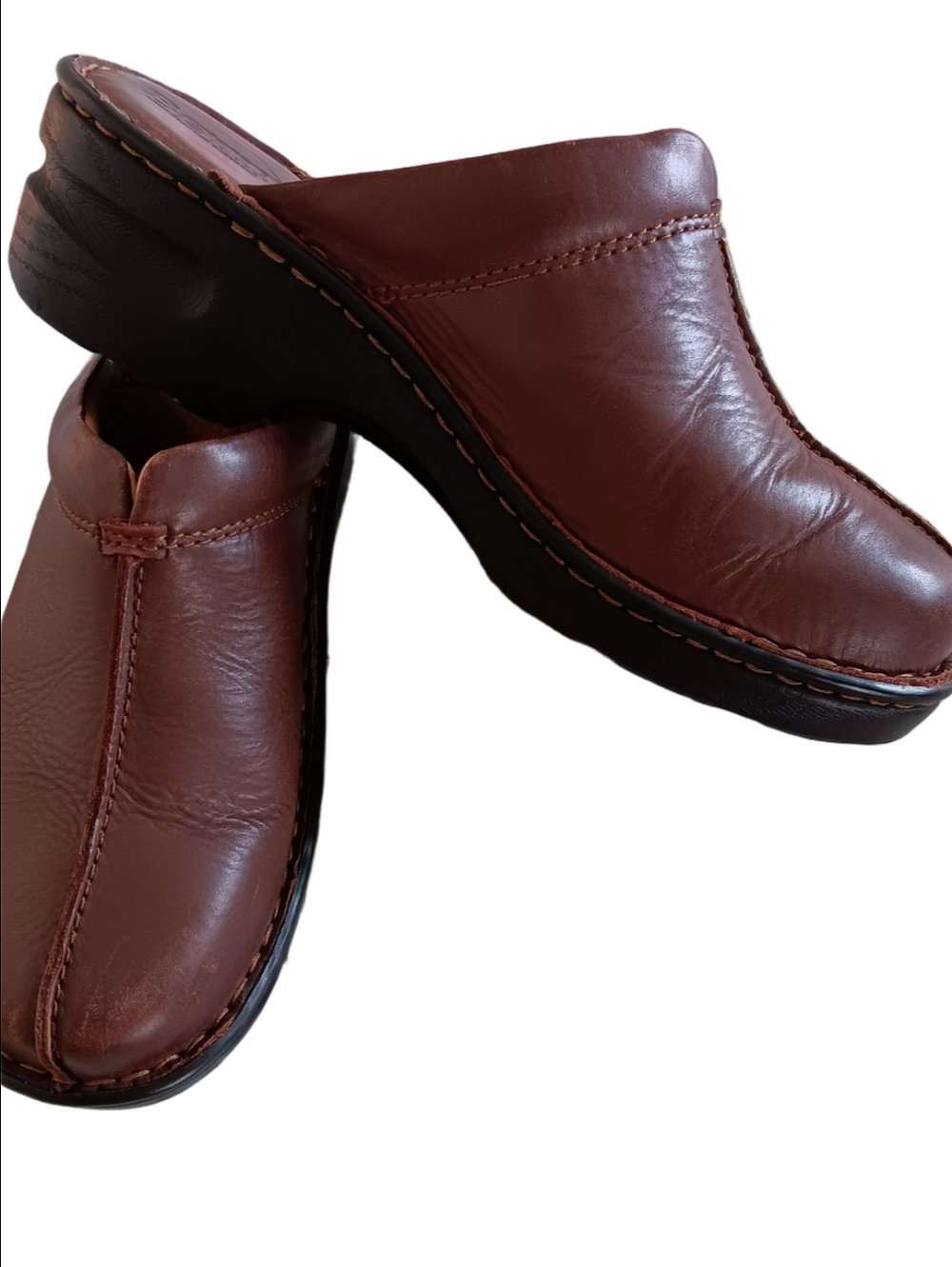 Born Dark Brown Leather Clogs Mules 2 inch Heel Slide On Cushioned Footbed  8